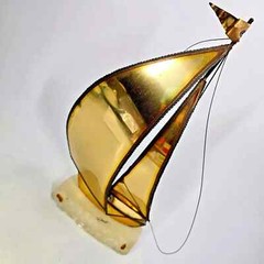 De Mott Brass Copper Sailboat 9″ Ship Signed Art Sculpture Onyx 1970s Heavy Vtg