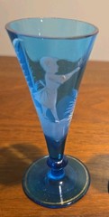 Antique Victorian Mary Gregory Style Glass Decanter w/ Stopper & 2 Glasses