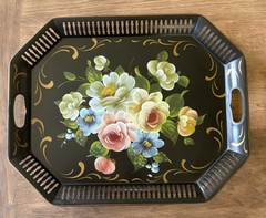Vintage Hand Painted Floral Toleware Tray Large Gold Black Metal Handles 20×16