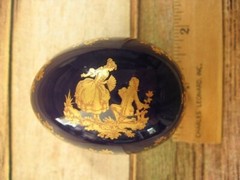 Limoges Porcelain Castel Egg Trinket Dish Colbalt Blue Gold France