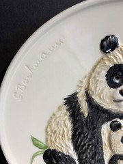 GOEBEL Panda Bear Mother & Baby Ceramic Black & White Plate 1977 Bas Relief