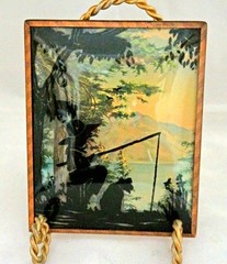 Pair 1940 Convex Benton Glass Matching Silhouettes 4×5” Boy w/ Rake & Fishing