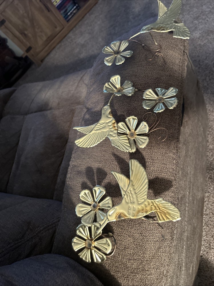 3 Piece Home Interiors Wall Decor Gold Colored Metal Birds With Flowers