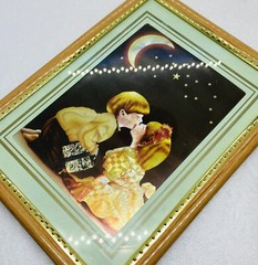 Vintage 1990s Boy Kissing Girl Under Moon & Stars Iridescent Shiny Wall Art B2