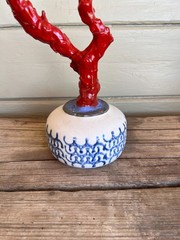 Faux Red Coral Specimen in Blue & White Floral Small Vase in Chinoiserie Style