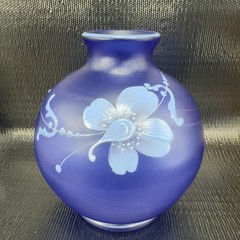 Vintage Bohemian Hand Blown Art Glass Enameled Flower Paint Vase Bowl Blue VTG
