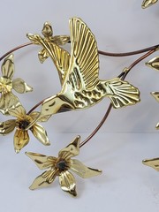Vintage Metal Art Wall Hanging Hummingbirds Flowers Branches Brass Birds MCM