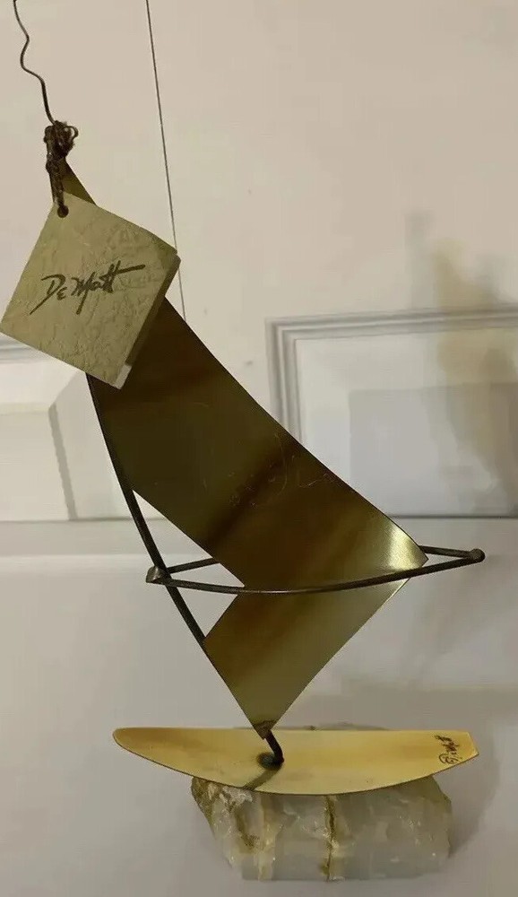 Brass Sailboat 11″ Signed De Mott Sculpture Onyx Base Nautical Ship Sailing