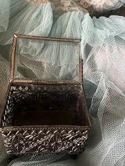 Antique French Thick Beveled Glass Jewelry Casket Metal Ormolu Trinket Box