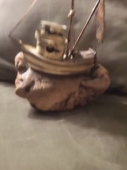 VTG Signed DeMott De Mott Fishing Trawler Shrimp Boat Burl Wood Base Nautical
