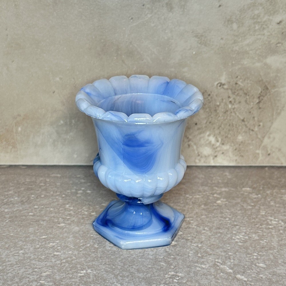 Akro Agate Blue White Slag Glass MCM Air Plant 3″ mini Vase 764 Toothpick Urn