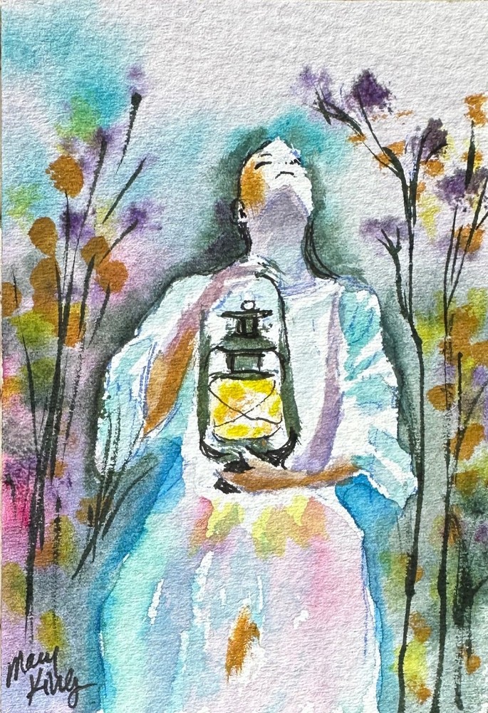 Original Watercolor ACEO Painting by Mary King – Garden Woman