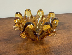 Vintage MCM Amber Hand Blown Art Glass Freeform Bowl 8 Prunts Czech Style 5″
