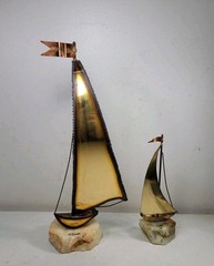 2x Vintage John Demott Sailboat Metal & Rock Sculpture 14-1/2″ & 8-1/2″ Tall