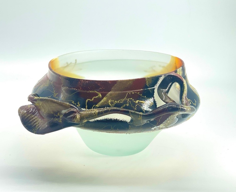 Art Glass Bowl Modernist Organic Brutalist Frosted Hand Painted Leaf And Vine