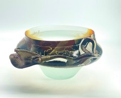 Art Glass Bowl Modernist Organic Brutalist Frosted Hand Painted Leaf And Vine