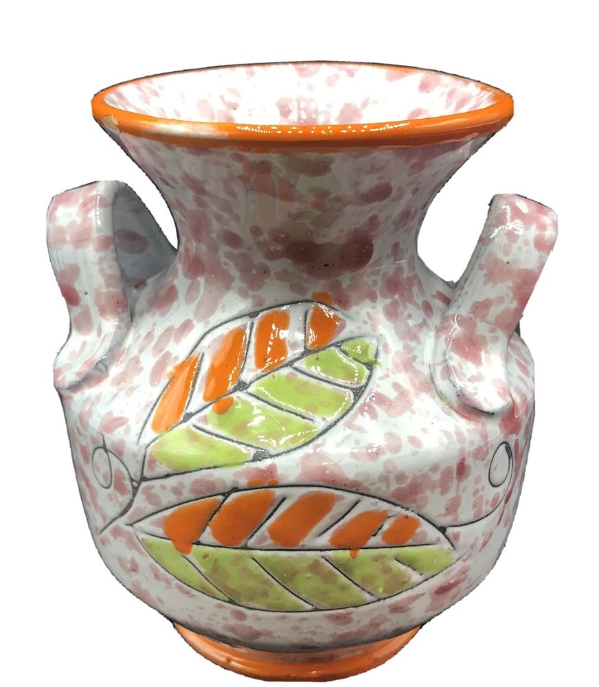 RARE Vintage Handled Made In Italy Orange Splatter Artisan Pottery Vase MCM