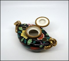Aladin France Porcelain Art Deco Inkwell Chinoiserie Bird Floral Gilt Hinged Lid