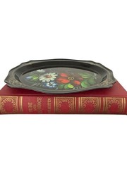 Vintage Hand Painted Floral Oval Trinket Dish Black Gold Folk Art Decor