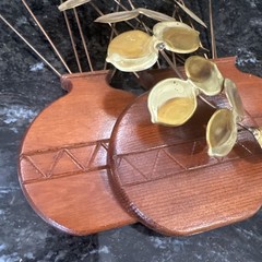 Vintage HOMCO Brass Eucalyptus Leaves Sculpture Wood Planter Plant Decor MCM