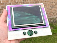 Modernist Art Glass Jackie Russo Iridescent Rainbow Green Glass Wall Art RARE