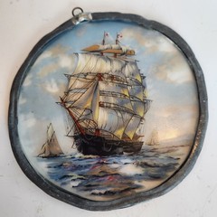 Antique 1910 Reverse Painted Glass Galleon Ship Scene Edwardian Wall Decor