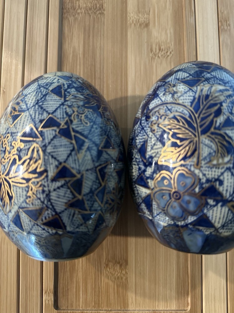 VTG Hand Painted Cloisonne Egg Blue Gold White Floral Geometric Design Easter