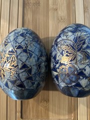 VTG Hand Painted Cloisonne Egg Blue Gold White Floral Geometric Design Easter