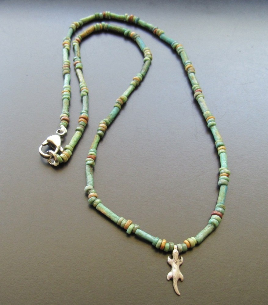NILE Ancient Egyptian Silver Sobek Amulet Mummy Bead Necklace ca 600 BC