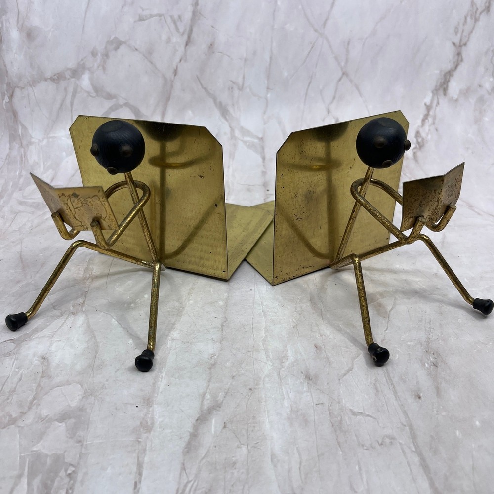 1950s MCM Modernist Brass and Wood Stick Figure Bookends Set of 2