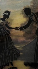 Vintage Silhouette Painted On Convex Glass 6″ x 8″ Couple Crossing Creek 1940s