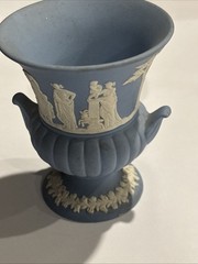 Vintage Wedgwood Blue Jasperware Vase Mini Urn White Classical Relief Decoration