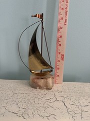 Vintage Signed DEMOTT Sailboat Sculpture USA Onyx Base Copper Brass-8.5”
