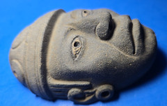 PRE COLUMBIAN AZTEC STONE DIGNATARY PENDANT MASK W BONE INCRUSTATIONS