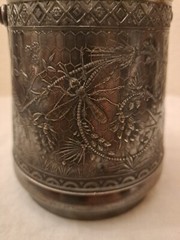 Rare 525 White Metal Container With Handle Detailed Design 4.5” Tall w/o Handle