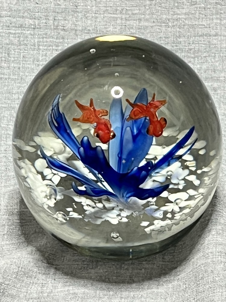 Hand Blown Art Glass Sea Life Paperweight Orb Fish Plant