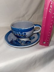 Tonala Mexican Cup Saucer Artisan Handcrafted Cobalt Blue Bird