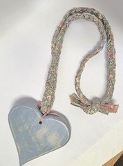 Cottagecore Blue Pink Wood Hearts Rabbit Hang Decor Braided Fabric Vtg Necklace