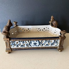 CASTILIAN Footed Centerpiece Planter Candleholder Porcelain Crackle Bronze Birds