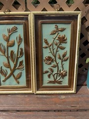 Vintage Homco Gold Floral Wall Plaques Set of 4 MCM Teal Blue Botanical 1970s