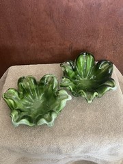 Vtg. Heavy Green Art Glass Ruffled/Flower Bowl Murano Style Hand Blown(Set Of 2)