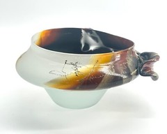 Art Glass Bowl Modernist Organic Brutalist Frosted Hand Painted Leaf And Vine