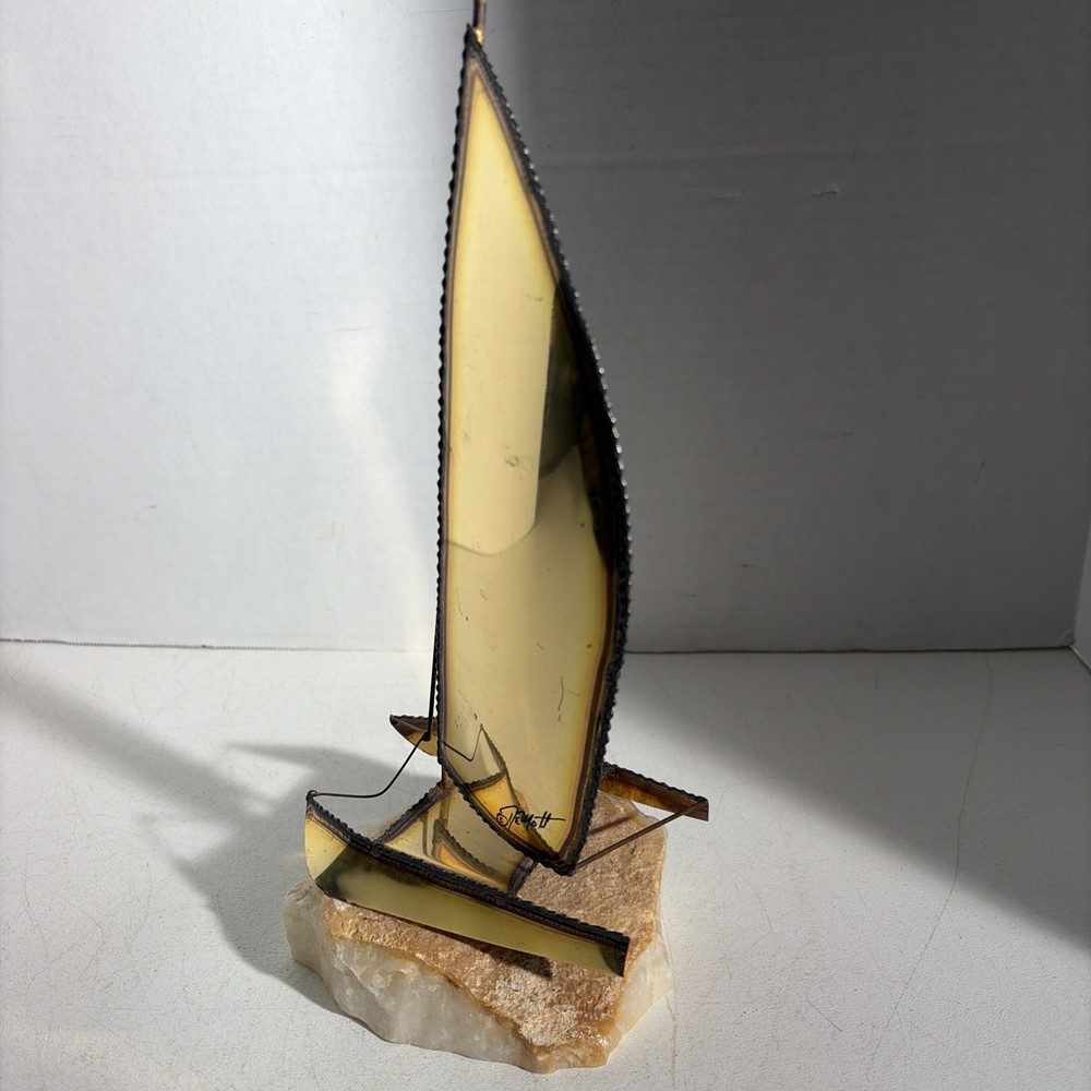 Vintage Mid Century Modern Brutalist Brass Trimaran Pontoon Sailboat Sculpture
