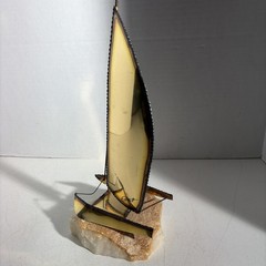 Vintage Mid Century Modern Brutalist Brass Trimaran Pontoon Sailboat Sculpture