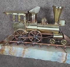 Vtg Signed DeMott Brass & Copper “Western Express” Train Sculpture on Onyx Base