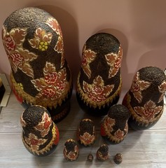 Wood burned Nesting/Traditional. 9.5 Piece Painted Detail – SIGNED. Russian