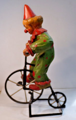 Vintage CLOWN ON BIG WHEEL Bicycle + display stand 16″ tall unbranded
