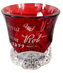 Edwardian Ruby Cut to Clear Red Crystal Cup – To Mamma & Papa From Rob (1899)
