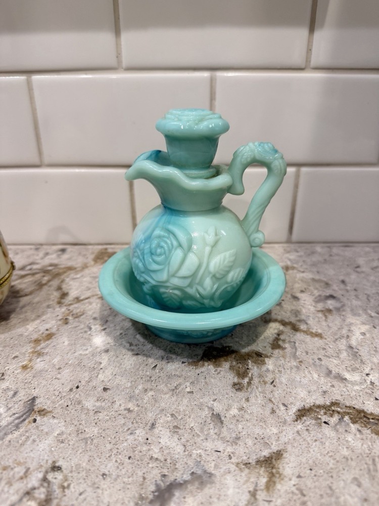 Vintage Avon Jadeite Type Green Swirl Milk Glass Rose Mini Bowl and Pitcher Set