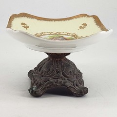 Vintage Victorian style ceramic metal footed trinket dish courting couple
